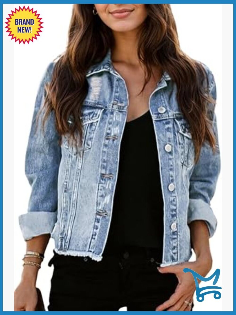 Distressed Frayed Ripped Denim Jacket with Pockets Button Down
